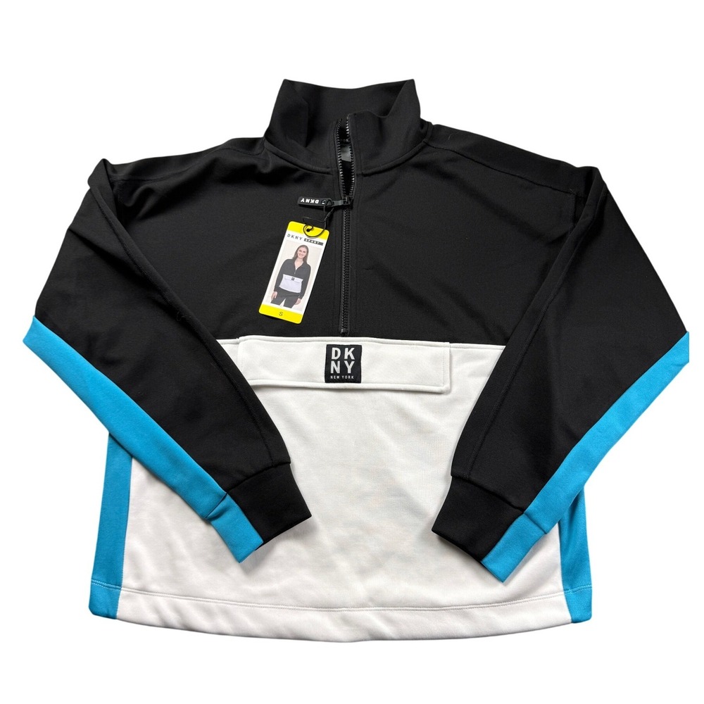 DKNY Sport Womens Colorblock Quarter Zip Pullover Black White Blue Small NWT